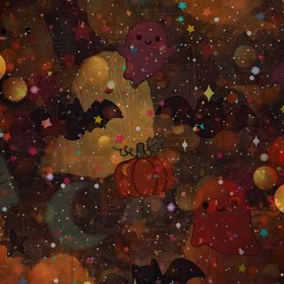 an abstract painting with many different colors and shapes on it, including stars and circles Halloween Colors maroon