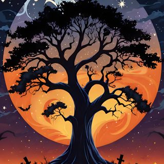 a painting of a tree in front of a full moon with stars and bats on it Halloween Tree Halloween Tree Pictures, Spooky Wolf, Halloween Tree Images, Halloween Wolf, black