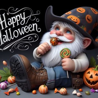 an image of a happy halloween gnome with candy Halloween Gnome Desktop Halloween, Good Afternoon, Halloween Troll, Images Of Happy Halloween, dark slate gray