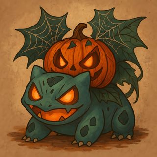 a drawing of a cat and a pumpkin on top of each other with faces carved into them Halloween Bulbasaur Halloween Bulbasaur Drawing, Halloween Charmander Drawing, Pokemon Halloween Drawings, sienna