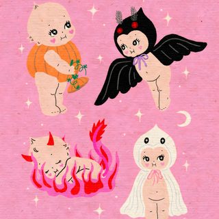 an image of angels and pigs on pink paper Kewpie Halloween Kewpie Ghost, Kewpie Dolls Drawing, Kewpie Illustration, Vintage Kewpie, Kewpie, light pink