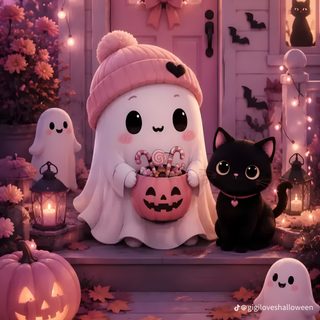 a couple of cats sitting on top of a set of steps next to pumpkins Cute Halloween sienna