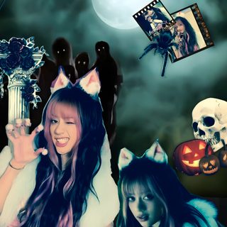 a girl with long hair standing in front of halloween decorations Kpop Halloween dark slate gray