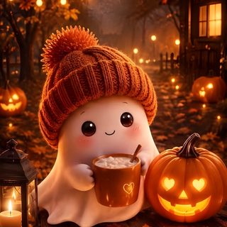 a cute little ghost with a cup of coffee in his hand and some pumpkins on the ground Zedge Halloween maroon
