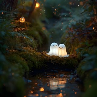 two white owls sitting on top of a moss covered forest next to a river at night Enchanted Halloween Witch Phone, Cute Ghost, Spooky Spring, Soft Halloween, Halloween Artwork, black