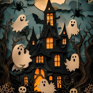 halloween scene with pumpkins and ghost in front of a full moonlit house, paper cutout 3d Halloween dark slate gray