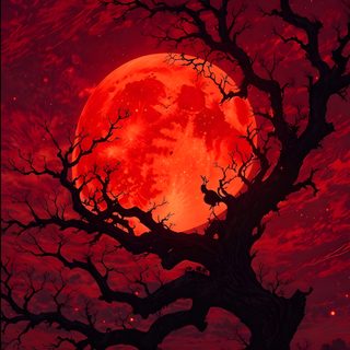 a painting of a tree with the moon in the background and red clouds above it Red Moon Halloween Red Moon Tree, Dark Red Moon Aesthetic, Red Inspiration, Red Moon Forest Drawing, maroon