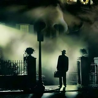 a movie poster with an evil looking man in front of a building and two large eyes Exorcist Halloween The Exorcist Poster, The Exorcist Horror, The Exorcist Movie, black