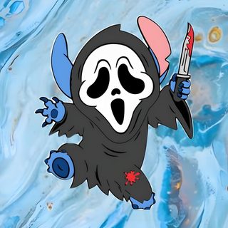 a cartoon character flying through the air holding a knife Stitch Halloween Ghostface sky blue