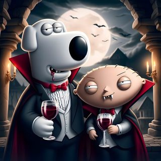 a cartoon character holding a glass of wine next to a dog wearing a dracula costume Family Guy Halloween Griffin Family, Family Guy, dark slate gray