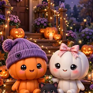 two little pumpkins sitting on the steps next to a black cat and a kitten in a purple hat 3d Cute Halloween saddle brown
