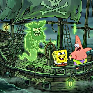 spongebob and patrick on a pirate ship in the ocean Spongebob Halloween 4k Tim Burton Art, Spongebob Flying Dutchman, Flying Dutchman, dark slate gray