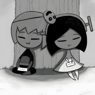 two cartoon characters sitting next to each other Missing Halloween Missing Halloween, Missing Halloween Fanart, Manga Halloween Icons, dark gray
