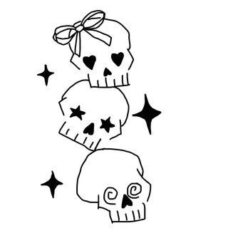 two skulls with hearts and stars on their heads, one has a bow around its neck Black And White Halloween Skulls In Bow Skull Tattoos Simple, Simple Goth Tattoos, Small Skull Tattoo For Women,