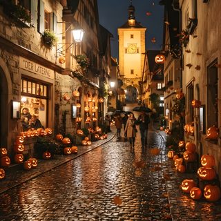 people are walking down the street at night with pumpkins on the cobblestone Halloween City dark slate gray