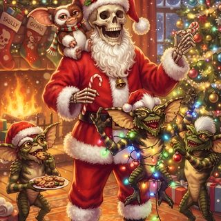 a painting of santa claus and his elves in front of a christmas tree Halloween Christmas saddle brown