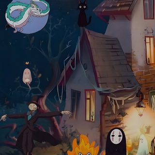 an animated halloween scene with ghost, pumpkins and other characters in front of a house Studio Ghibli Halloween Fall Ghibli, Studio Ghibli Halloween, Studio Ghibli Fall, dark slate gray