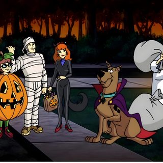 cartoon characters dressed up in costumes and holding pumpkins on a sidewalk at night time Scooby Doo Halloween Laptop Painted Pumpkins, Goblin King, Scooby Doo, Google Images, Desktop, Phone, black