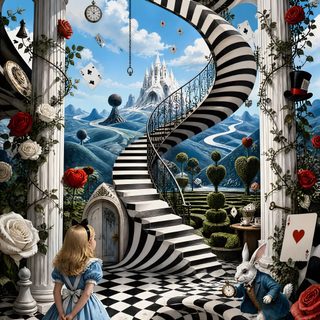 a painting of a girl standing in front of a staircase with roses on the floor Halloween Alice Custom Alice And The Wonderland, Alice In Wonderland Ideas, Wonderland Landscape, dim gray