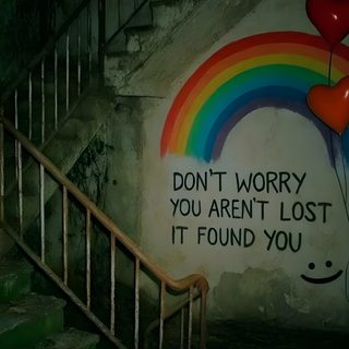 a rainbow painted on the side of a building next to stairs with balloons attached to it Weirdcore Halloween Weard Core, Experiment, Hyper Core Aesthetic, Surrealism Scary, Space Analog Horror, black