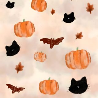 a painting of pumpkins and bats on a white background with the words happy halloween written in black Aesthetic Halloween Elements Phone, Iphone, Halloween Cat Background Aesthetic, Halloween Aesthetic, wheat