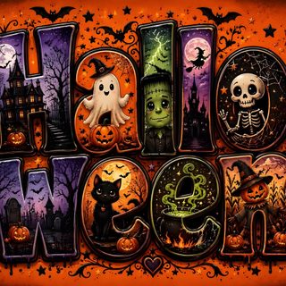 the word halloween written in colorful letters with pumpkins and ghostes around it, on an orange background Halloween Name saddle brown