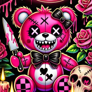a painting of a teddy bear holding a knife in front of some candles and roses Gloomy Bear Halloween Free For Iphone, Cute Horror Iphone, Cute Scary, Cute Horror Characters, brown