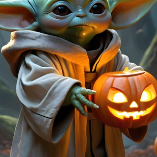 the child yoda is holding a pumpkin Star Wars Halloween Yoda Art, Halloween Baby Yoda, Baby Yoda Christmas Memes, dark olive green
