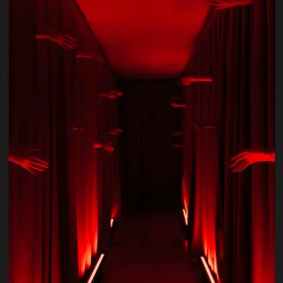 a long hallway with red curtains and lights on either side, leading to another room Halloween Hallway Scary Red Hallway, Halloween Horror Party Decor, The Great Gatsby, Creepy Halloween, black