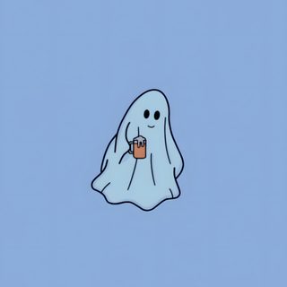 a ghost floating in the sky with a drink Cute Light Blue Halloween Snoopy, Drawings, Fictional Characters,