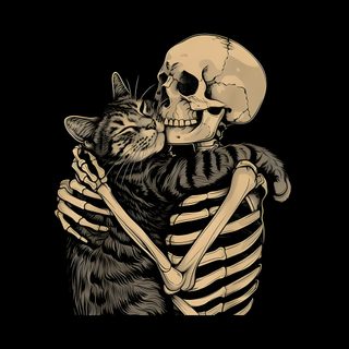 a skeleton hugging a cat with a human skull on it's back in the dark Halloween Skeleton Cat Laptop Desktop Dark Aesthetic, Goth Aesthetic Pc, Grunge Laptop Aesthetic, black
