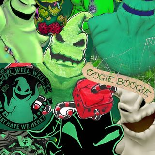 a collage of various images with different colors Halloween Bogey Creepy Oogie Boogie, Boogie Man, Jack Skellington And Oogie Boogie, sea green