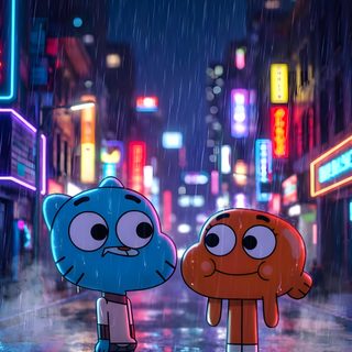 two cartoon characters standing in the rain on a city street at night with neon lights Gumball Halloween World Of Gumball, Couture Facile, Cartoon Network, Cartoon, Real Life, dark slate gray