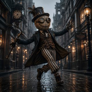 a man dressed as a jack - o - lantern is dancing in the middle of an empty street Halloween Steampunk black