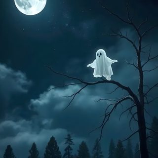 a ghost is flying in the night sky over a tree and full moon behind it Halloween Ghost Tree Full Moon Ghost Image, Ghost On Tree Branch At Night, Halloween Decoration Ideas, dark slate gray
