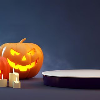 two jack - o'- lanterns, one lit and the other on a table Halloween Podium Cozy Halloween Ambiance, Diy Halloween Decoration Ideas, Halloween Pumpkins With Candles And Lantern, dark slate gray