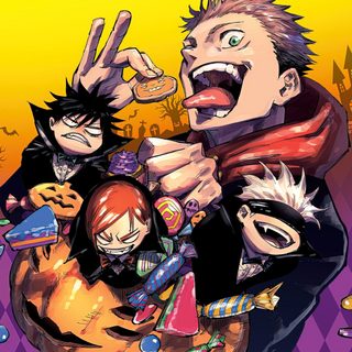 an image of anime characters in front of a halloween scene with pumpkins and jack - o'- lanterns Jujutsu Kaisen Halloween Jujustu Kaisen Halloween Pfp, Jujutsu Kaisen Halloween Pfp, Halloween Jujutsu Kaisen Icons, sienna