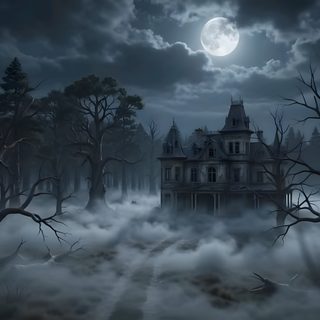 a creepy house in the middle of a forest at night with fog and stars around it Halloween Creepy Place dark slate gray