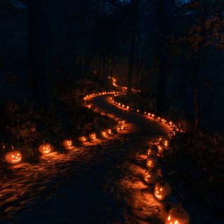 many pumpkins lit up in the dark on a path through the woods at night Halloween Pumpkin Path Halloween, black