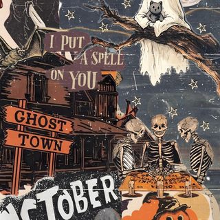 a collage of halloween images including ghost and skeletons Vintage Halloween Collage Summerween Kindle Insert, Halloween Fall Aesthetic, Halloween Ipad Lockscreen, dim gray