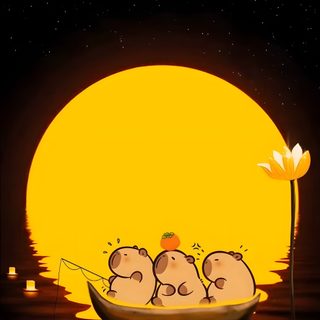 an animated scene with three pigs floating on a boat in the water at night time Cute Capybara Halloween Cute Capybara Aesthetic, Capybara And Otter, Capybara Animated, black