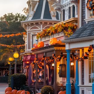pumpkins are lined up in front of a building with lights and decorations on it Magic Kingdom Halloween Disney World Fall, Halloween En Disney, Disneyland Paris Autumn, dim gray