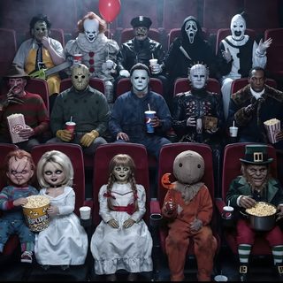 a group of people sitting in front of red chairs with clowns on their faces Halloween Movie Characters Scary Movies Characters, Scary Characters Horror Movies, Horror Movie People, dark slate gray