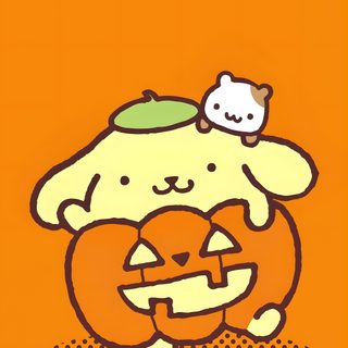 an orange background with a dog holding a pumpkin Pom Pom Purin Halloween Pompompurin Autumn, Pompompurin Thanksgiving, Pompompurin Halloween Background, dark orange