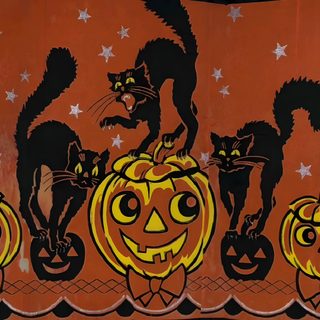 an orange wall with black cats and pumpkins painted on it Beistle Halloween Halloween Desktop, Vintage Halloween Art, Macbook Air, Halloween Folk Art, saddle brown