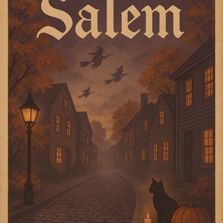 a poster advertising salem with a dog sitting on the street and pumpkins in front of it Salem Halloween Aesthetic Salem Massachusetts, Vintage Halloween Posters, Vintage Halloween Images, dark olive green