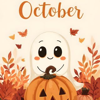 a hello october card with a ghost and pumpkins Halloween Hello October October Character, October, Hello October Aesthetic, Hello September Images, beige