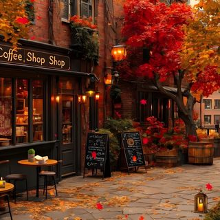 an outdoor cafe with autumn leaves on the ground Autumn Halloween Desktop French Cafe Autumn Scene, Autumn Coffee Shop Ambience, Cozy Bookstore With Autumn Leaves, saddle brown