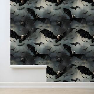 a bat themed wallpaper with bats flying through the sky Halloween Bat For Bedroom dim gray