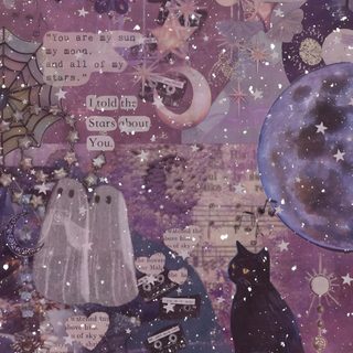 an artistic painting with cats and stars in the night sky, on purple paper background Purple Purple Edgy Aesthetic Halloween Purple Halloween, Purple Aesthetic Cute Halloween, Aesthetic Purple Witch, dim gray